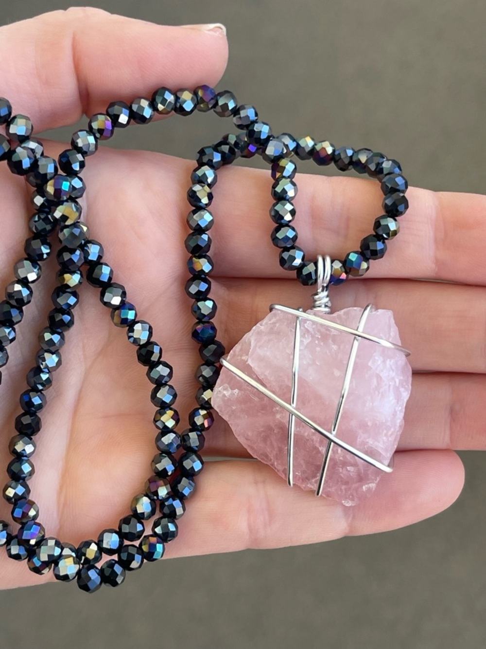 Handmade Rose Quartz Pendant Necklace with Black Iridescent Glass Beads